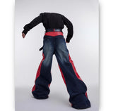 y2k retro washed splicing jeans for men new hip hop punk pu leather baggy jeans straight casual black denim trousers streetwear unique jeans style 672