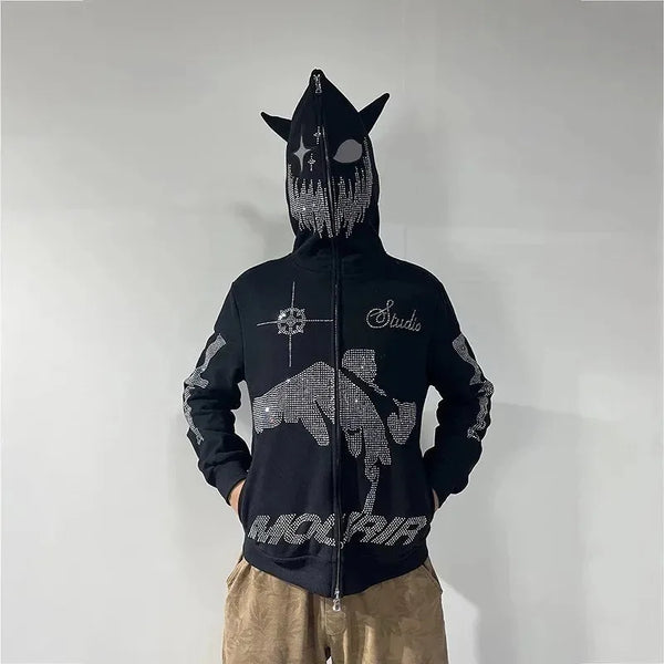 Men Y2K Rhinestones Letter Graphics Print Fashion Hoodie Zip Hoodie Cl