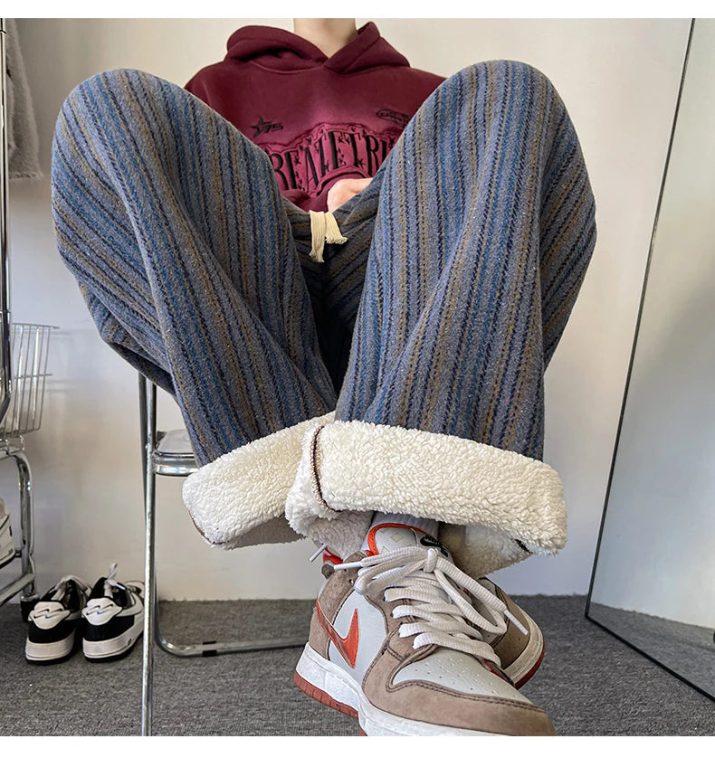 high quality stripe plaid mens trousers baggy straight fashion classic padded autumn winter casual pants male plus size m 8xl unique default style 1176