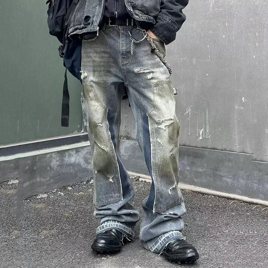 men blue ripped baggy jeans dirty printed distressed loose denim pants male luxury designer fashion jeans trousers urban skinny jeans