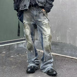 men blue ripped baggy jeans dirty printed distressed loose denim pants male luxury designer fashion jeans trousers urban skinny jeans