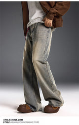 red chain pendant washed vintage jeans men women streetwear fashion hip hop loose casual wide leg denim jeans pants trousers unique jeans style 1478
