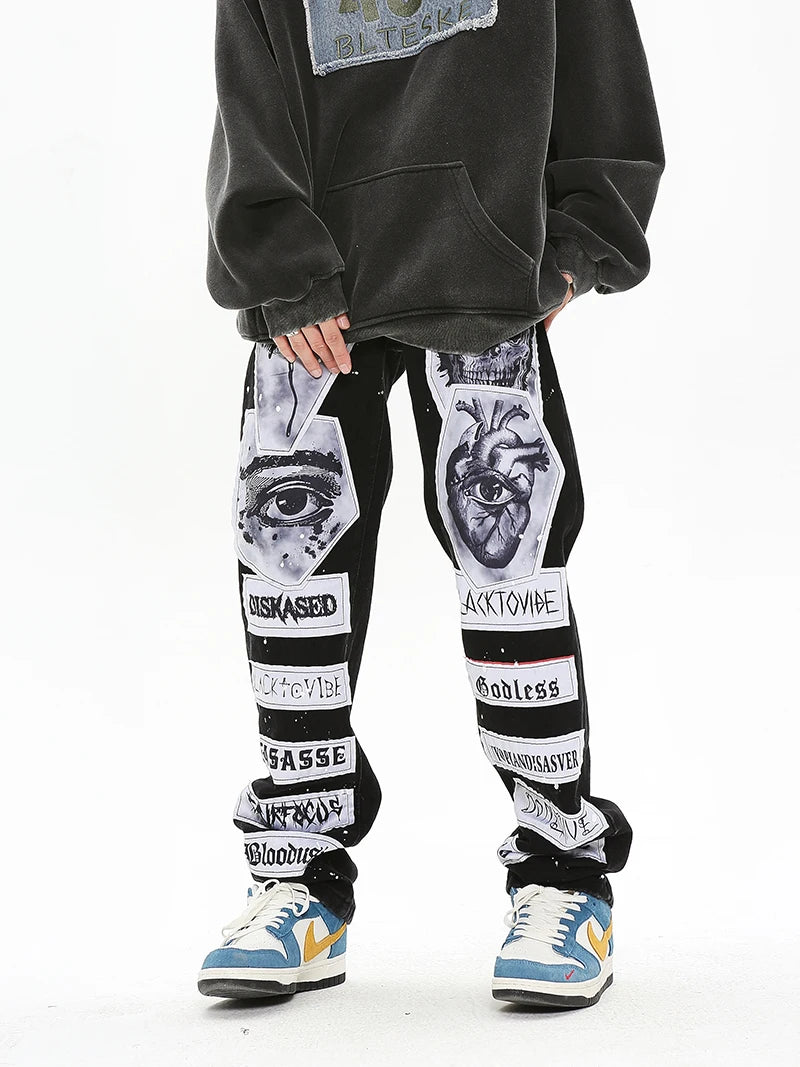fashion skull graffiti patchwork denim jeans mens zipper jeans hip hop streetwear casual harajuku straight joggers jeans pants unique joggers style 998