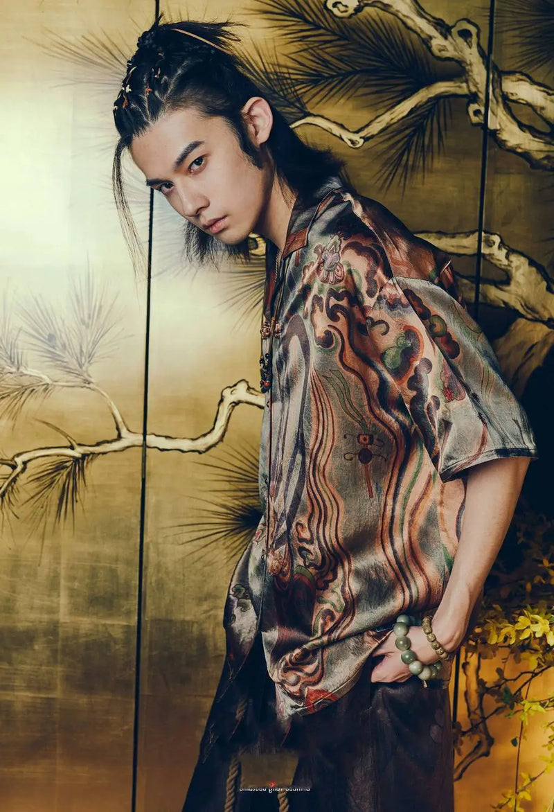 Dunhuang Feitian new Chinese style national trend printed casual short-sleeved shirt 2024 young men and women trendy retro tops