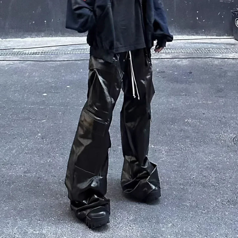 ro style glossy black pu leather pants for men high street y2k pantalones hombre baggy overall wide leg drawstring cargos unique cargo style 5643