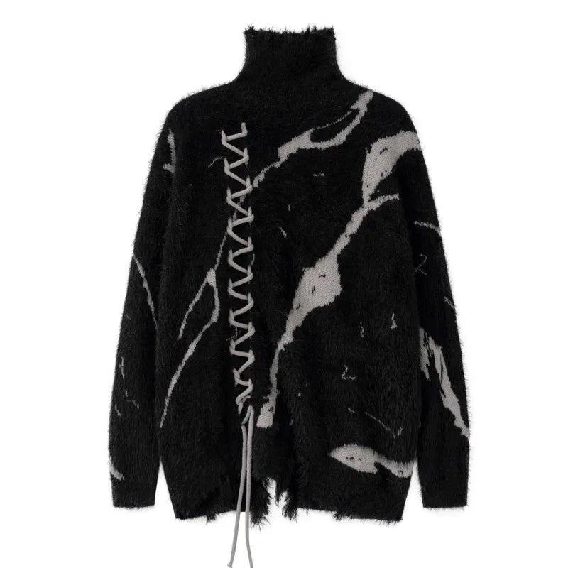 mens sweater fashion cross lines harajuku streetwear hip hop warm hairy knitted high neck sweaters unisex knit sweater jumpers - Y2K grunge street style, gothic aesthetic hoodie for winter, vintage look oversized hoodie
