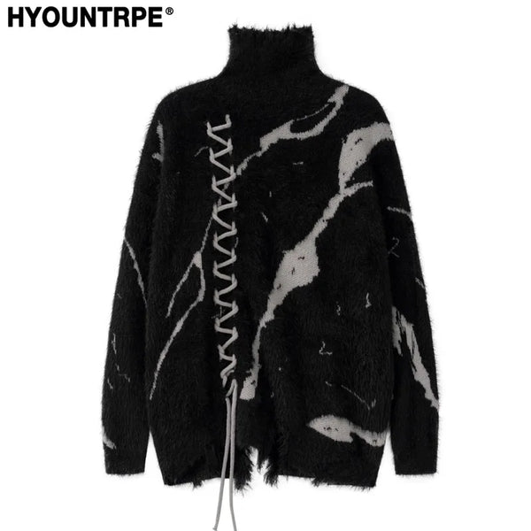 mens sweater fashion cross lines harajuku streetwear hip hop warm hairy knitted high neck sweaters unisex knit sweater jumpers - Y2K grunge street style, gothic aesthetic hoodie for winter, vintage look oversized hoodie