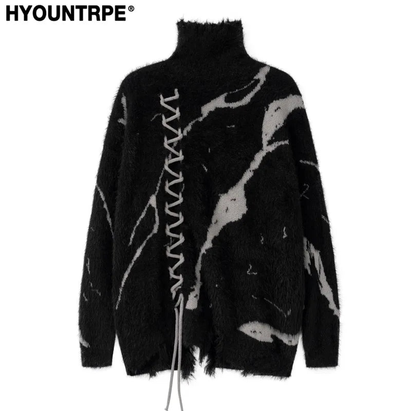 mens sweater fashion cross lines harajuku streetwear hip hop warm hairy knitted high neck sweaters unisex knit sweater jumpers - Y2K grunge street style, gothic aesthetic hoodie for winter, vintage look oversized hoodie