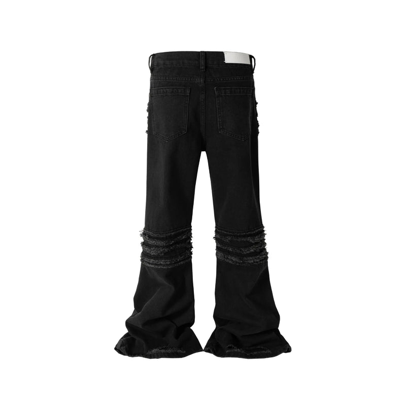 y2k streetwear trendy oversized micro flare jeans black ro hip hop washed tassel distressed denim jean raw edge mens wide pants unique jeans style 750