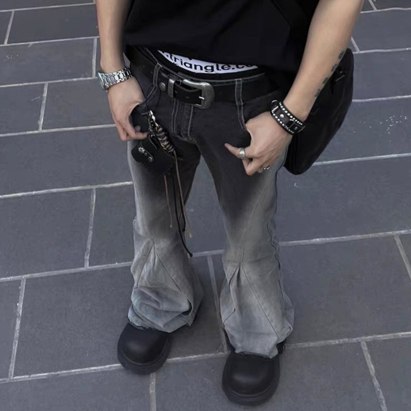 black gray gradient slim jeans floor mop flared pants high street new trendy fashionable hip hop washed vintage mens jean pants unique jeans style 903