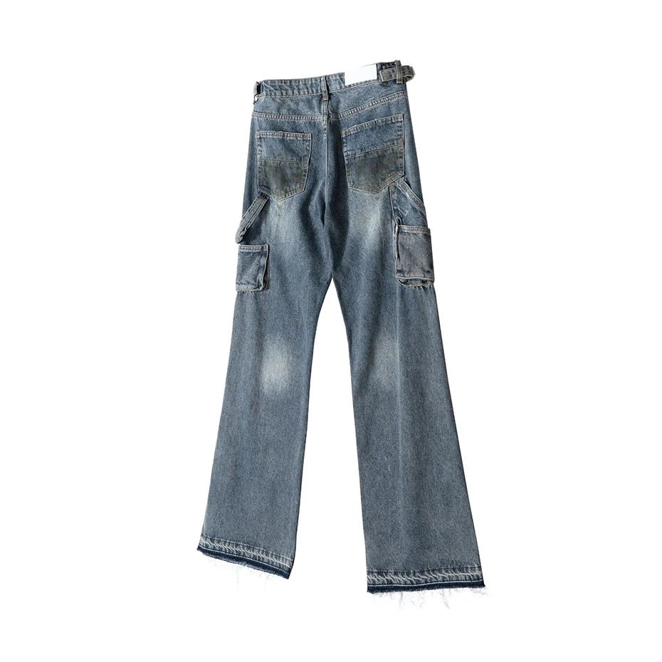 men blue ripped baggy jeans dirty printed distressed loose denim pants male luxury designer fashion jeans trousers unique jeans style 1363