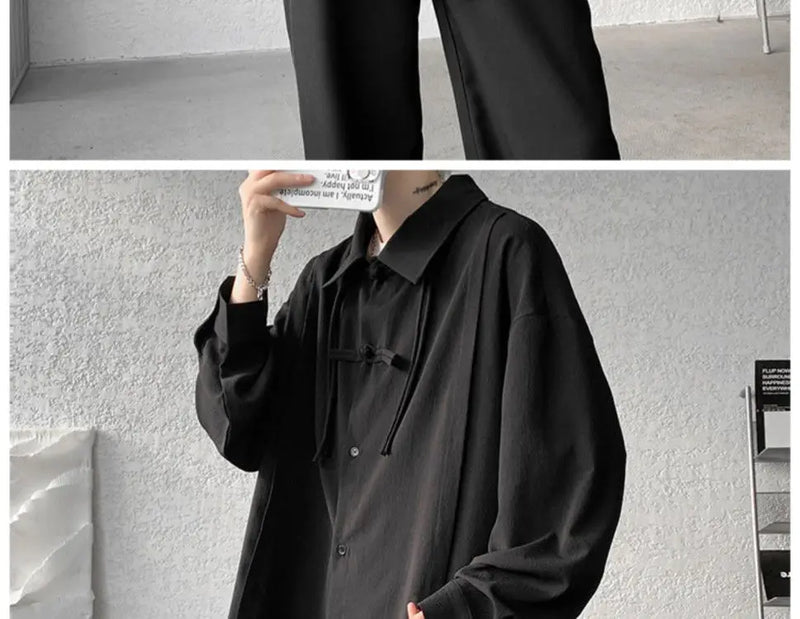 Shirts for men spring and autumn style national fashion design loose and versatile large size outer wear lapel long sleeved tops