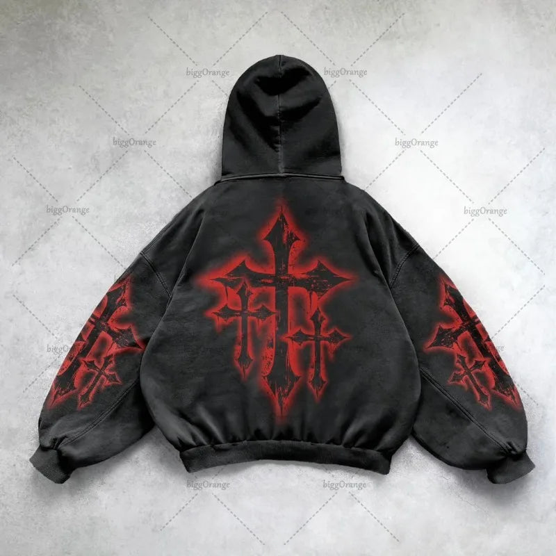 Gothic Punk Style Y2K Harajuku Retro Hoodie Cross Hip-hop Casual Loose Oversized Sweatshirt