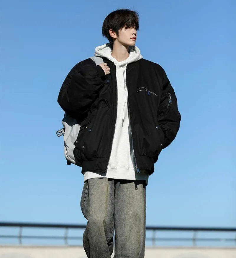High Street Pilot Cotton Jackets Mens Thickening Winter Tooling Trendy Profile Warm Bomber Coats Unisex Baseball Collar Parkas