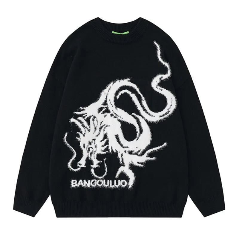 hip hop harajuku dragon pattern knitted sweater unisex o neck pullover streetwear y2k casual loose sweater warm jumper knitwear high quality cotton pullover, Y2K vintage urban hoodie, streetwear fashion hoodie