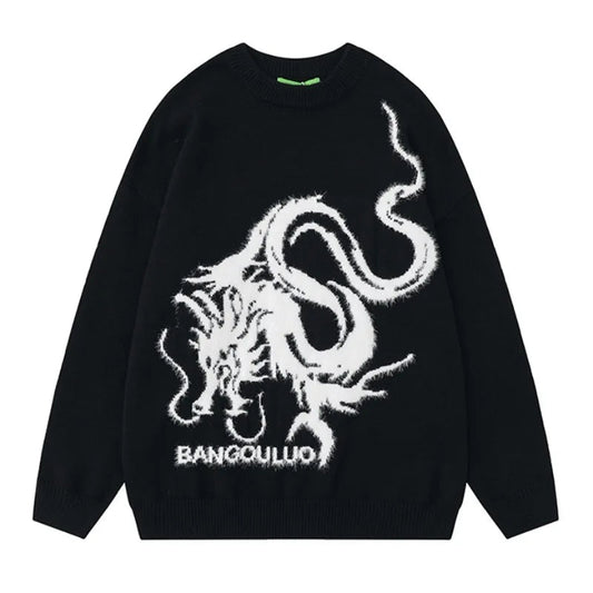 hip hop harajuku dragon pattern knitted sweater unisex o neck pullover streetwear y2k casual loose sweater warm jumper knitwear high quality cotton pullover, Y2K vintage urban hoodie, streetwear fashion hoodie