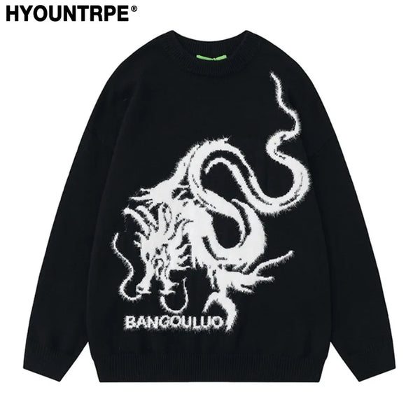 hip hop harajuku dragon pattern knitted sweater unisex o neck pullover streetwear y2k casual loose sweater warm jumper knitwear high quality cotton pullover, Y2K vintage urban hoodie, streetwear fashion hoodie