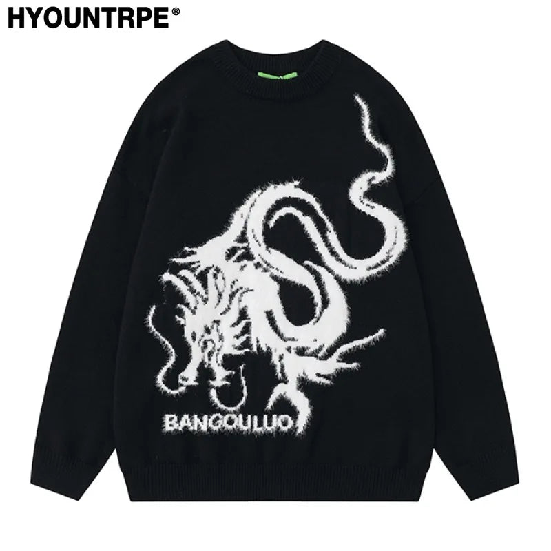 hip hop harajuku dragon pattern knitted sweater unisex o neck pullover streetwear y2k casual loose sweater warm jumper knitwear high quality cotton pullover, Y2K vintage urban hoodie, streetwear fashion hoodie