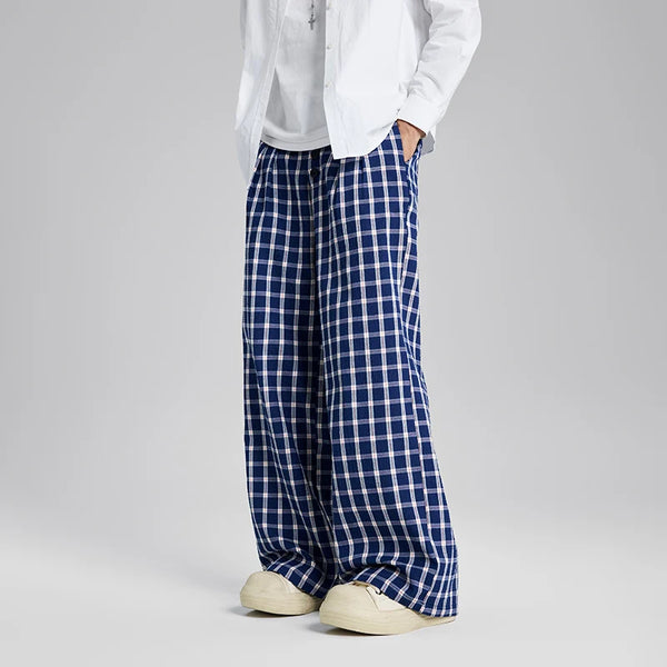men women american streetwear fashion loose plaid wide leg straight pant boyfriend button down sports casual pants trousers menswear bottoms