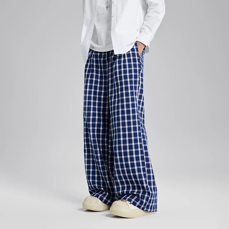 men women american streetwear fashion loose plaid wide leg straight pant boyfriend button down sports casual pants trousers menswear bottoms