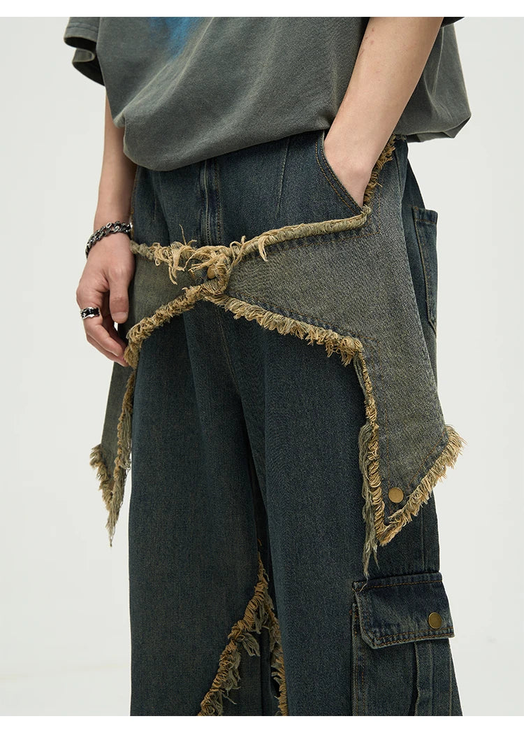 fashion patchwork frayed star denim straight jean pant men casual side pocket y2k trouser unisex hip hop streetwear jeans pants unique jeans style 397