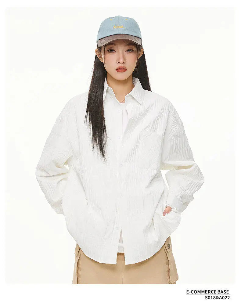 Wrinkled Fabric Casual Long Sleeve Shirt Men and Women Solid Color Streetwear Fashion Loose Black White Shirts Oversize Blouses