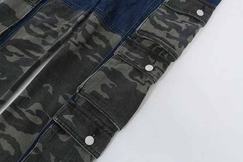 street wear camouflage patchwork cargo flared jeans harajuku unisex functional side multiple pockets camou jeans pants baggy unique cargo style 4445