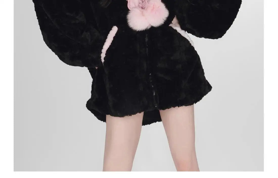 Harajuku Little Wildcat Hoodies Women Bodysuit Black Tie Bowknot Cute