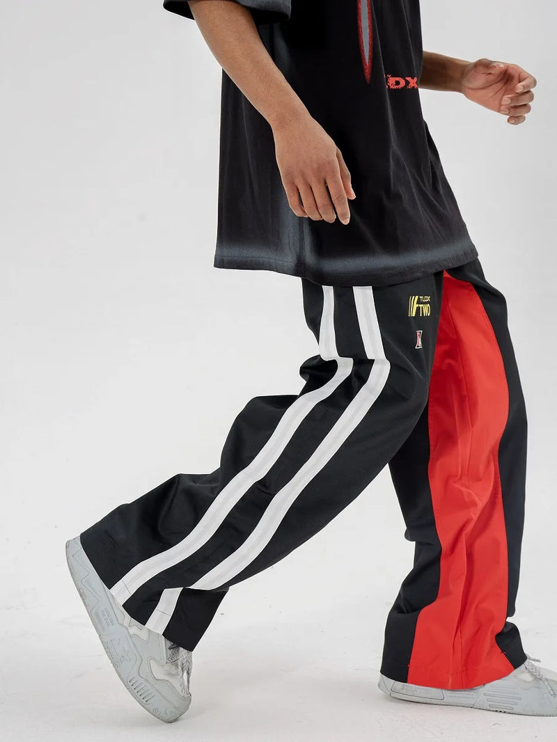 high street side striped spliced straight pants unisex elastic waist streetwear casual racing biker sportwear pants joggers men unique joggers style 4011
