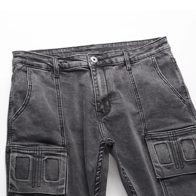 side pocket denim retro jeans mens biker zipper jean trousers hip hop fashion high street slim fit pants joggers y2k men s jeans unique joggers style 2929