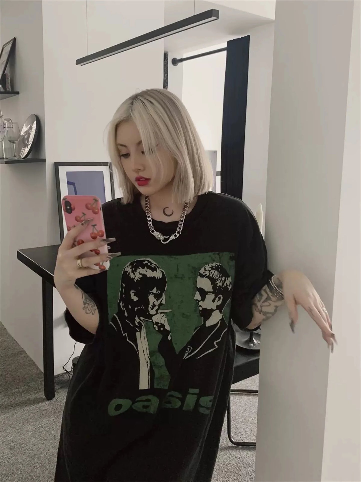 anime vintage t-shirt featuring vintage rock band tee os washed old high street portrait print casual loose cotton couple tops t shirt for summer