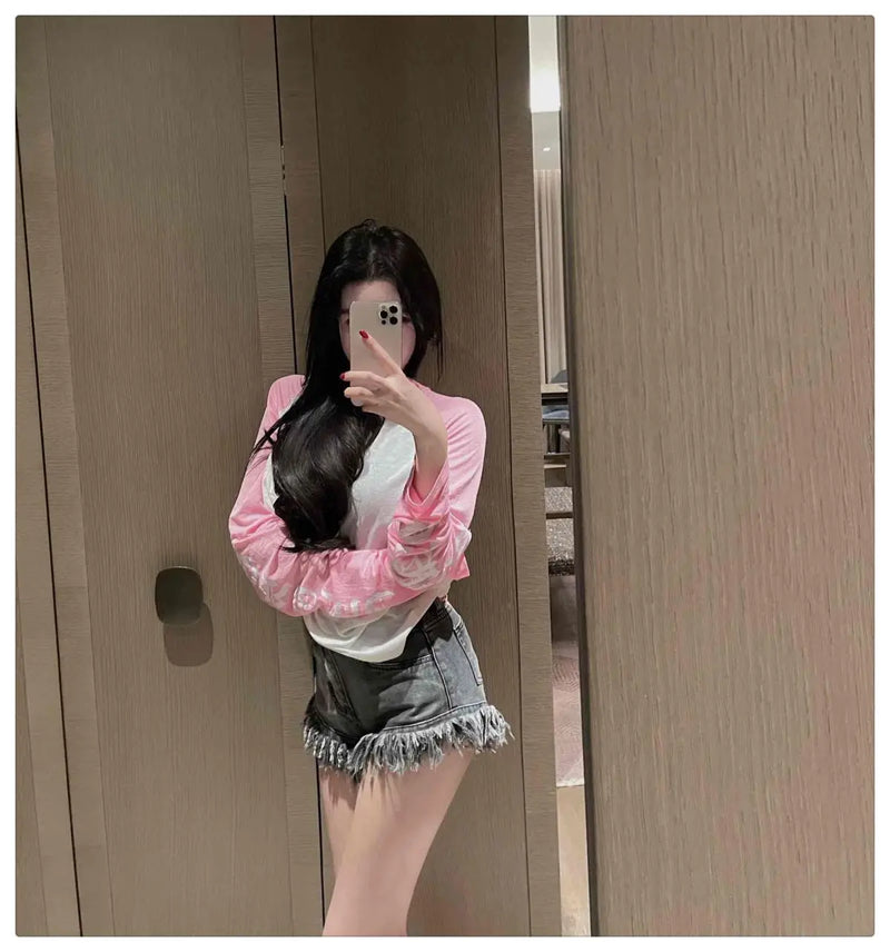 Raw Edge Fringe Gothic Style Denim Shorts Female Summer American Street High Waist Design Sense Casual A Word Super Short