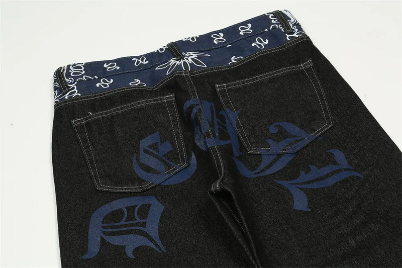 y2k retro sanskrit black jeans street casual pants punk male hip hop print loose harajuku mens straight pants ins hot sale unique jeans style 4778