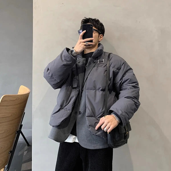 Korean street trend men and women retro personality fake two piece design couple winter loose thick casual jacket top harajuku