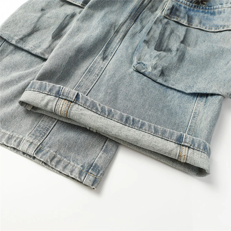 vintage multi pocket jeans mens harajuku cargo denim pants retro hip hop straight loose jean pants men clothing unique cargo style 1288
