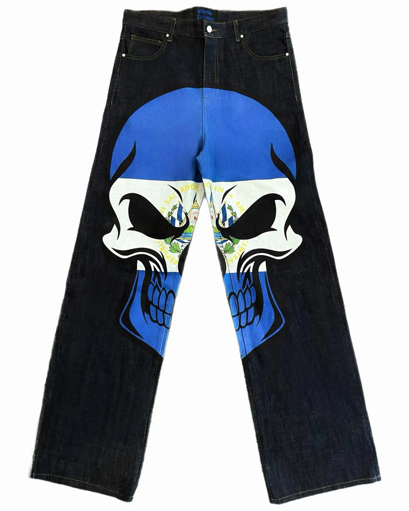 harajuku retro jeans skull print loose slouchy jeans men women y2k pants gothic skateboard pants streetwear hip hop jeans unique jeans style 3156
