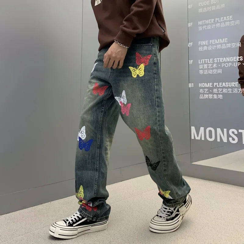 butterfly print jeans men streetwear fashion vibe loose casual hiphop straight washed denim pant jeans cityboy teen trousers stacked flare jeans