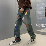butterfly print jeans men streetwear fashion vibe loose casual hiphop straight washed denim pant jeans cityboy teen trousers stacked flare jeans