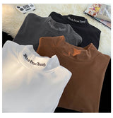 Autumn Winter Warm Classic Long Sleeve Bottoming Shirt Gothic Style Embroidery Design Man Half-high Neck Tops Loose Male Tshirt