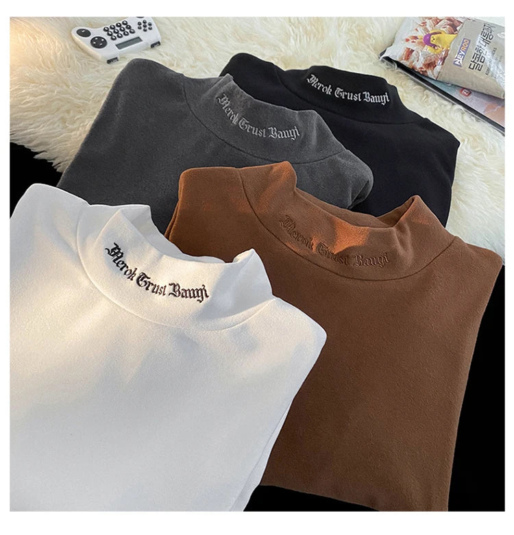 Autumn Winter Warm Classic Long Sleeve Bottoming Shirt Gothic Style Embroidery Design Man Half-high Neck Tops Loose Male Tshirt