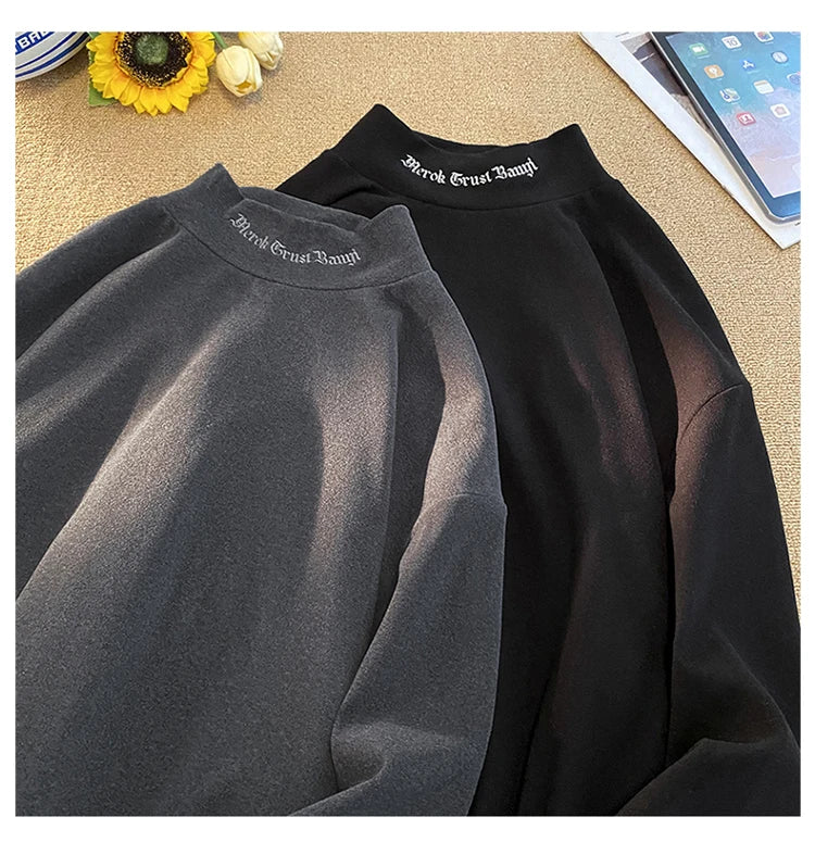 Autumn Winter Warm Classic Long Sleeve Bottoming Shirt Gothic Style Embroidery Design Man Half-high Neck Tops Loose Male Tshirt