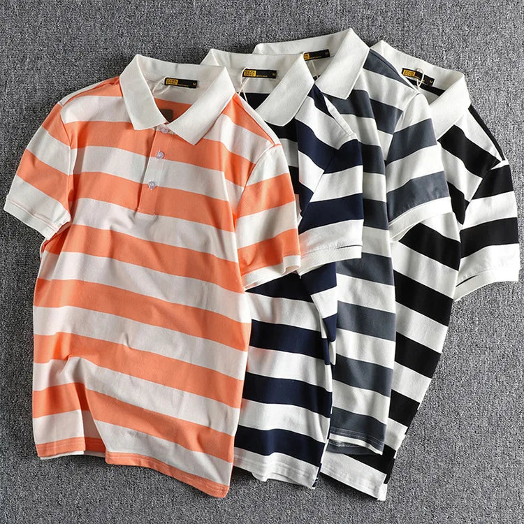 Trapwear Graphic tee – Summer Striped Polo T Shirt Mens New Retro Trend Washed Elas