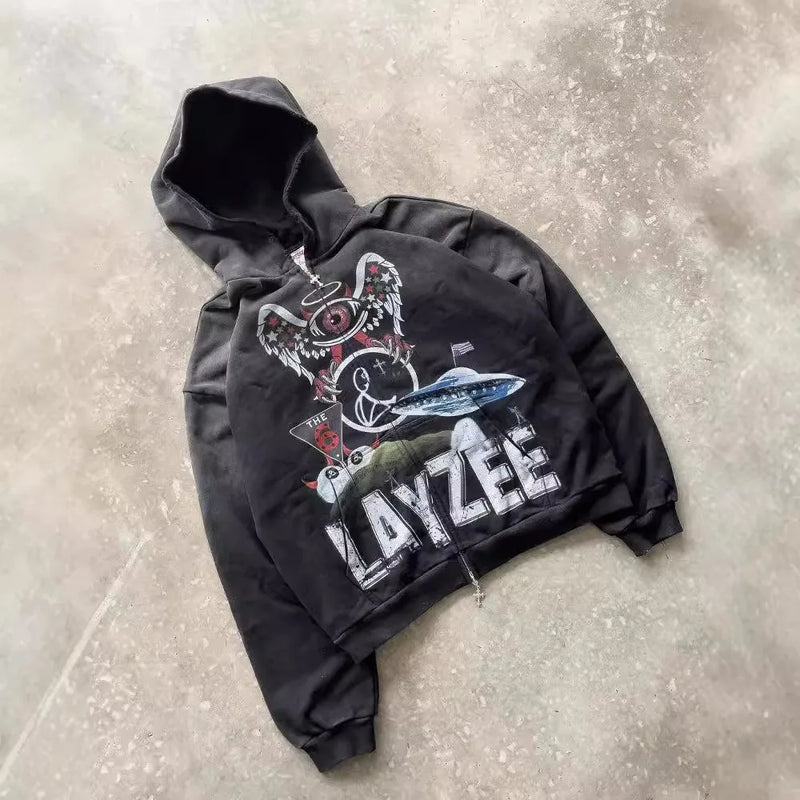 Y2k Winter Long Sleeved Hoodie Sweatshirt Oversized Winter Clothes Streetwear Y2k Vintage Punk Graffiti Print Top School Ootd