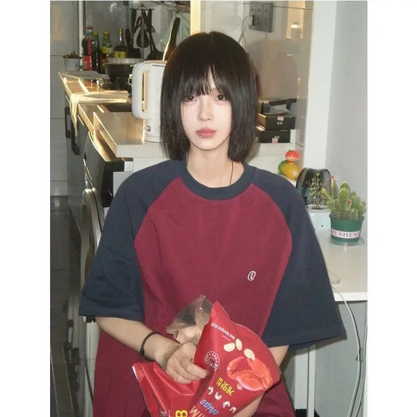 Vaporwave Vintage print – American Japanese Style Burgundy Contrast Raglan Sleeve Coup