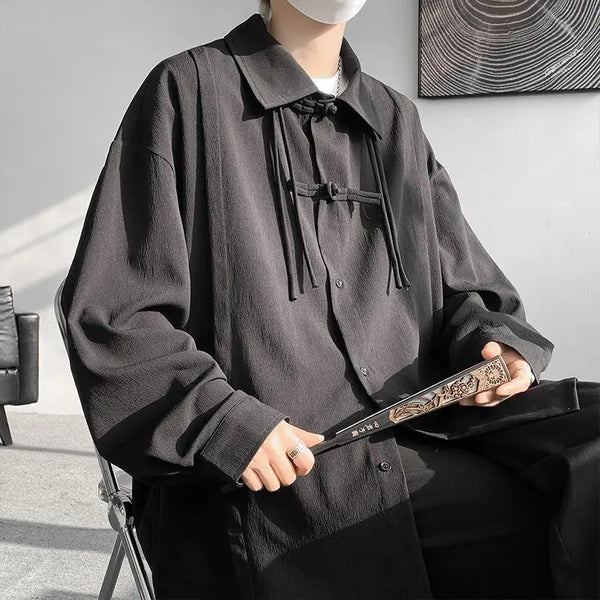 Shirts for men spring and autumn style national fashion design loose and versatile large size outer wear lapel long sleeved tops