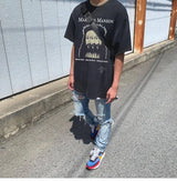 Harajuku aesthetic print tee featuring summer retro vintage rock band tee portrait print cotton high street casual loose t shirt for men