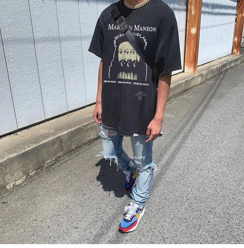 Harajuku aesthetic print tee featuring summer retro vintage rock band tee portrait print cotton high street casual loose t shirt for men