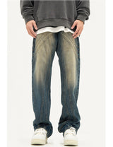 mens retro washed denim jeans loose straight pants 2023 new fashion streetwear trousers hip hop casual zipper jean pants joggers unique joggers style 2484