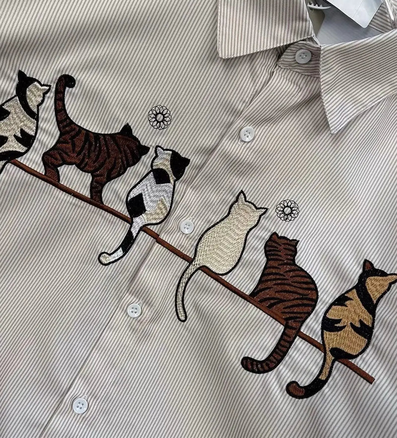 Japanese pinstripe cat pattern shirts for men and women summer trendy brand retro Hong Kong style loose lazy style couple shirts