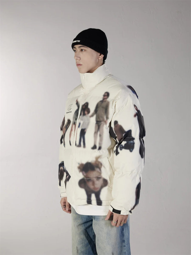 Hip Hop Jacket Parka Human Graffiti Print Men Winter Windbreaker Streetwear Harajuku Padded Jacket Coat Warm Outwear Hipster New